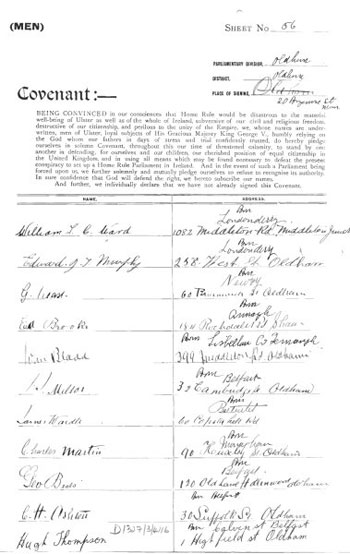 A page from the Manchester Ulster Covenant with a signature from a member of LOL184. A page from the Manchester Ulster Covenant with a signature from a member of LOL184.