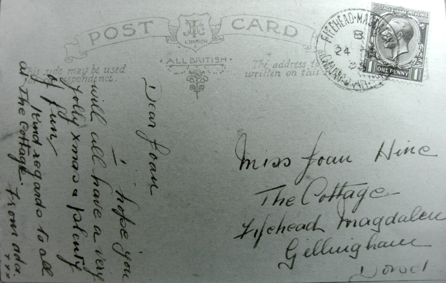 Christmas postcard stmped at Fifead Post Office 24 December